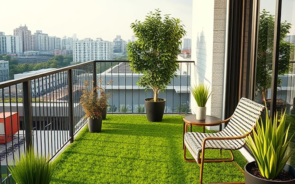 Artificial grass installation in balcony